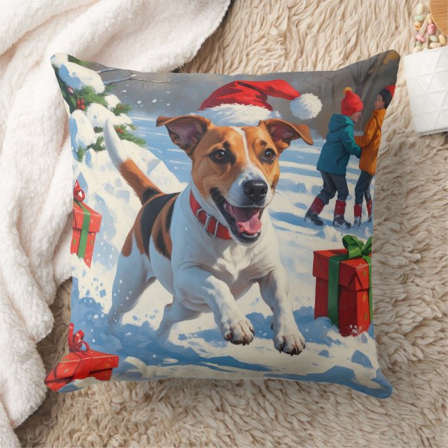 Jack Russell läuft in Snow mit Weihnachtsmütze Kissen (Decke)