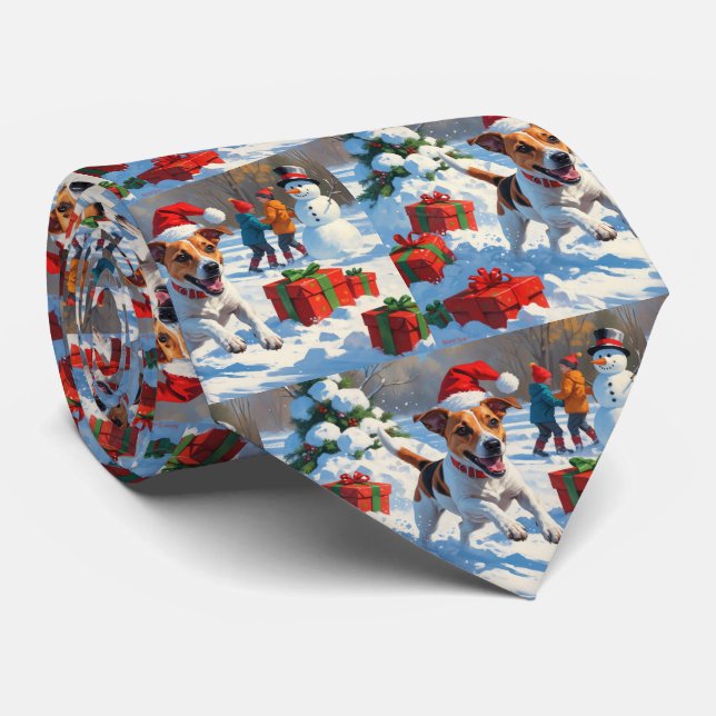 Jack Russell läuft in Snow mit Weihnachtsmütze Krawatte (Gerollt)