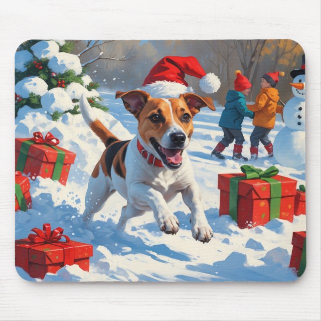 Jack Russell läuft in Snow mit Weihnachtsmütze Mousepad (Vorne)