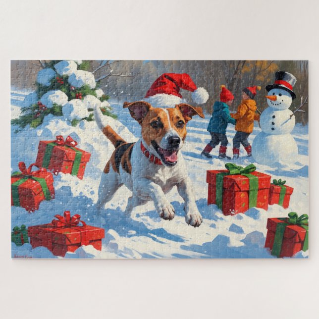 Jack Russell läuft in Snow mit Weihnachtsmütze Puzzle (Horizontal)
