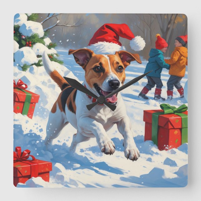 Jack Russell läuft in Snow mit Weihnachtsmütze Quadratische Wanduhr (Vorderseite)