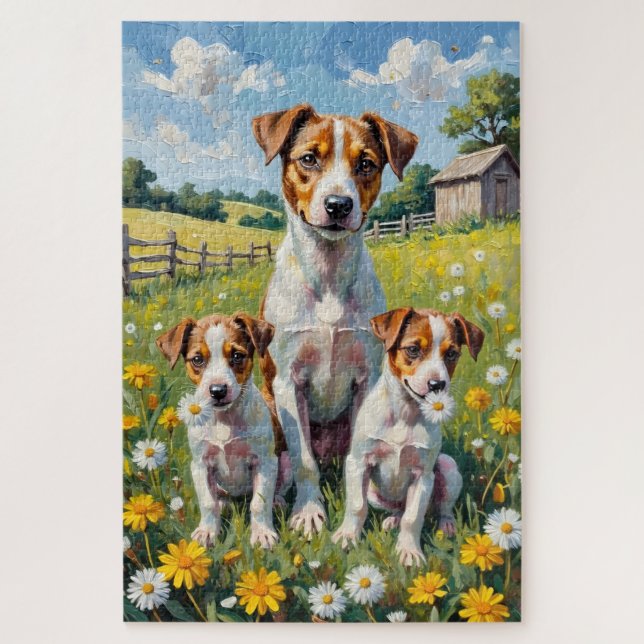 Jack Russell Löwenzahnfeld Kunst Puzzle (Vertikal)