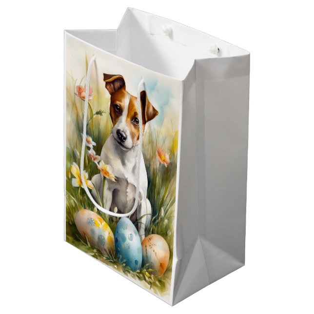 Jack Russell mit Ostereiern Mittlere Geschenktüte (Vorderseite Schrägansicht)