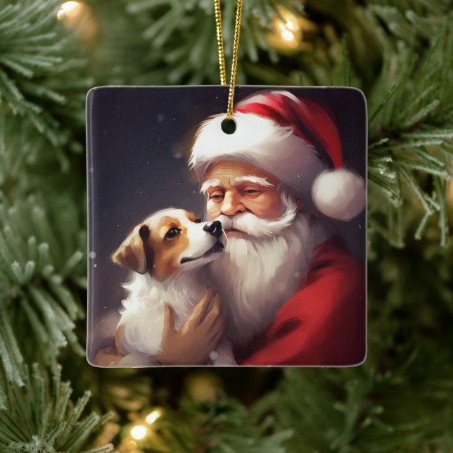 Jack Russell mit Weihnachtsmann Weihnachten Keramikornament (Baum)