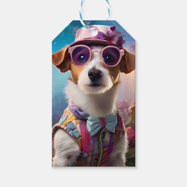 Jack Russell, rosa Brille und rosa Hut Geschenkanhänger (Vorderseite)