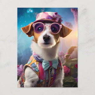 Jack Russell, rosa Brille und rosa Hut Postkarte
