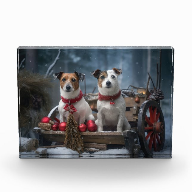 Jack Russell Snowy Sleigh Weihnachtsdekor Fotoblock (Vorderseite)