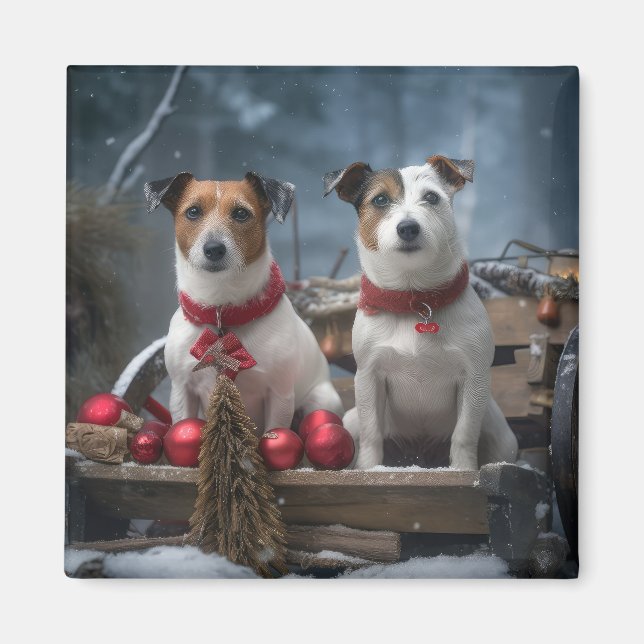 Jack Russell Snowy Sleigh Weihnachtsdekor Magnet (Vorne)