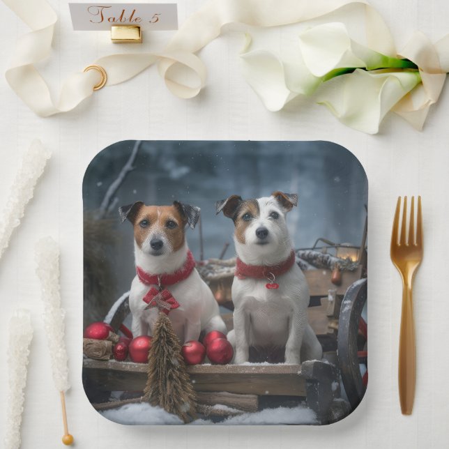 Jack Russell Snowy Sleigh Weihnachtsdekor Pappteller (Hochzeit)
