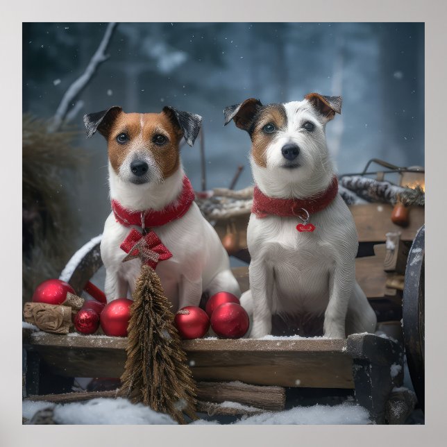 Jack Russell Snowy Sleigh Weihnachtsdekor Poster (Vorne)