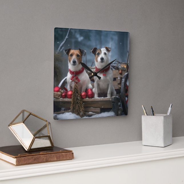 Jack Russell Snowy Sleigh Weihnachtsdekor Quadratische Wanduhr (Büro)