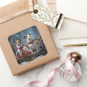 Jack Russell Snowy Sleigh Weihnachtsdekor Quadratischer Aufkleber