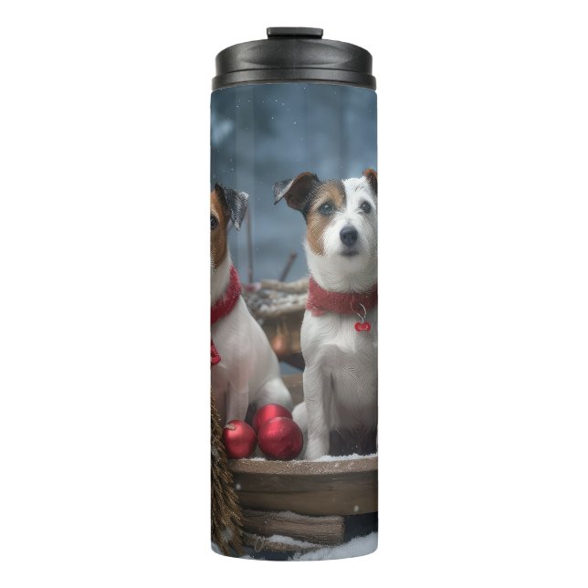 Jack Russell Snowy Sleigh Weihnachtsdekor Thermosbecher (Vorderseite)