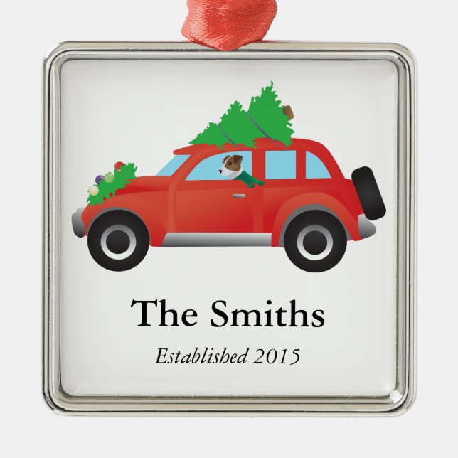 Jack Russell Terrier Autofahren Weihnachtswagen Silbernes Ornament (Vorne)