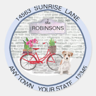 Jack Russell Terrier Bicycle Neue Adresse Runder Aufkleber