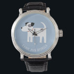 Jack Russell Terrier Dog Benutzerdefinierter Text Armbanduhr<br><div class="desc">Ein bezaubernder Jack Russell oder Parson Terrier Hund auf blauem Hintergrund. Ideal für Ihre Lieblingshundfrau Mama oder Hundedad. Ändern oder entfernen Sie den zu anpassenden Text.</div>