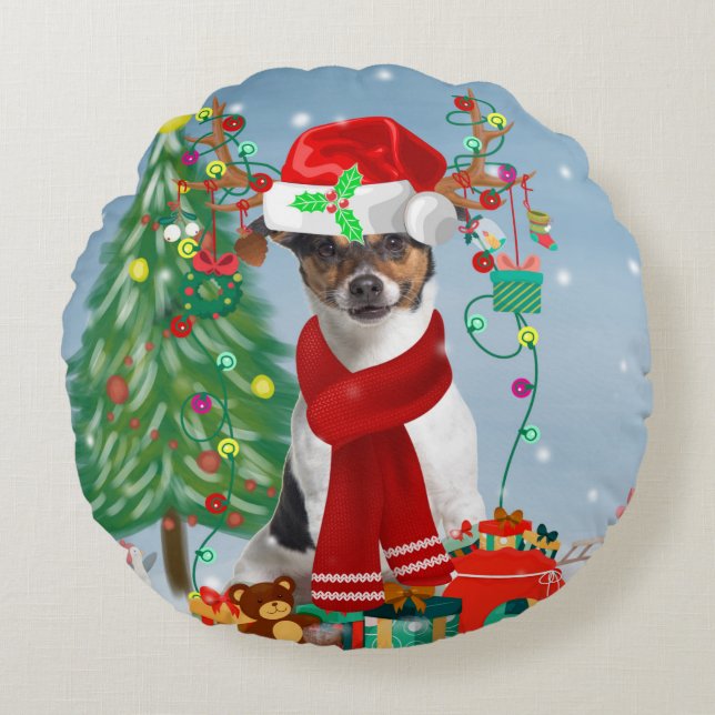 Jack Russell Terrier Dog in Schnee Weihnachtsgesch Rundes Kissen (Vorderseite)