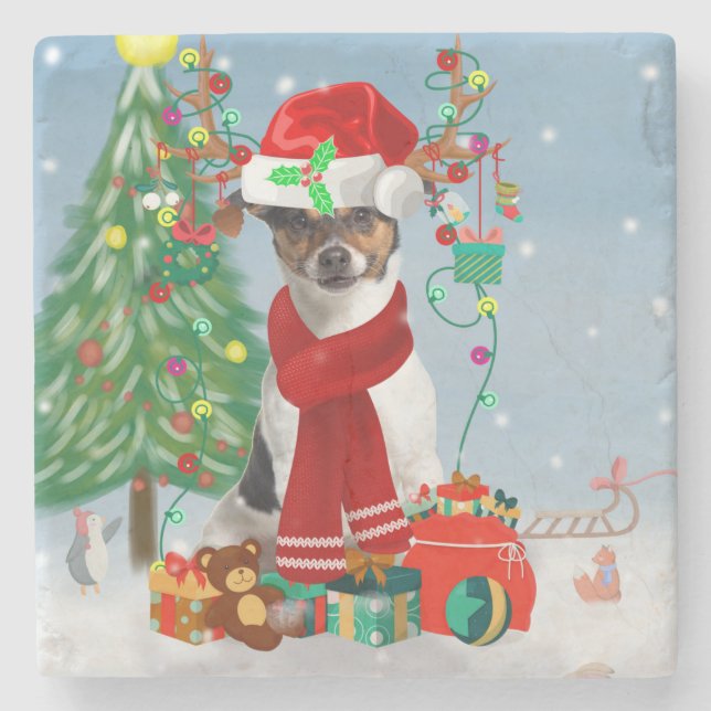 Jack Russell Terrier Dog in Schnee Weihnachtsgesch Steinuntersetzer (Vorderseite)