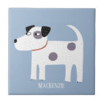 Jack Russell Terrier Dog Individuelle Name Fliese<br><div class="desc">Ein geiler kleiner Jack Russell Parson Terrier Hund auf blauem Hintergrund. Passen Sie ihn an, indem Sie den Namen ändern oder entfernen. Originelle Kunst von Nic Squirrell.</div>