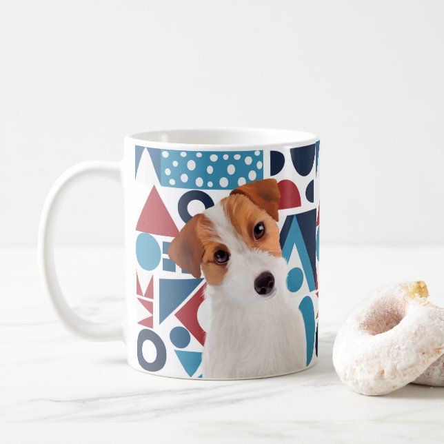 Jack Russell Terrier Dog Red und Blue Geometric Kaffeetasse (Mit Donut)