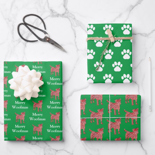 Jack Russell Terrier Dog Silhouette GMerry Woofmas Geschenkpapier Set (Vorderseite)