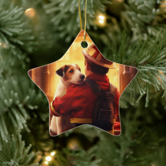 Jack Russell Terrier Feuerwehrmann, Welpe, Hundeli Keramik Ornament