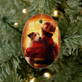 Jack Russell Terrier Feuerwehrmann, Welpe, Hundeli Keramik Ornament