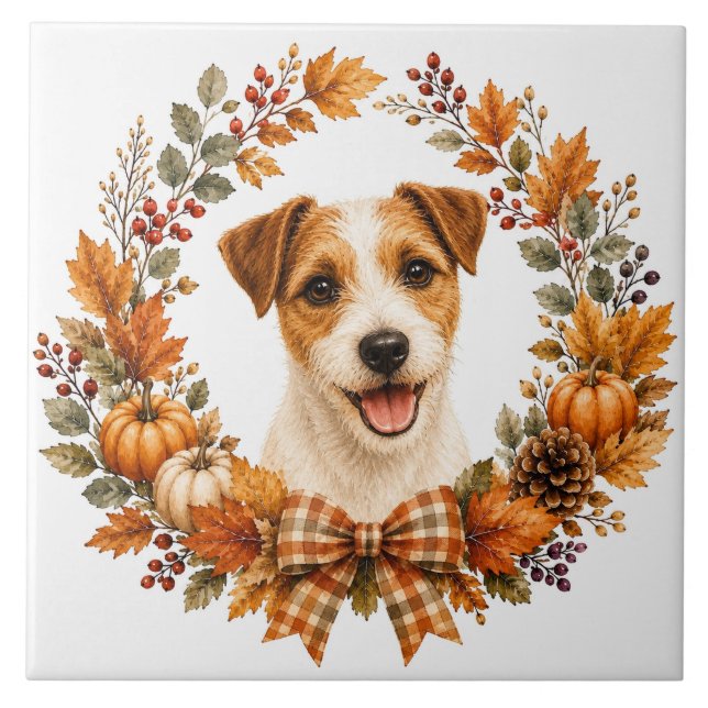 Jack Russell Terrier Herbstkranz Fliese (Vorderseite)