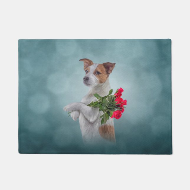 Jack Russell Terrier Hund hält ein Bouquet Blume Fußmatte (Vorderseite)