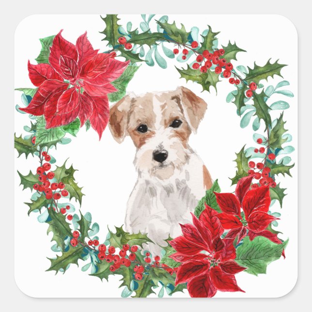 Jack Russell Terrier Poinsettia Weihnachtsfeier Quadratischer Aufkleber (Vorderseite)