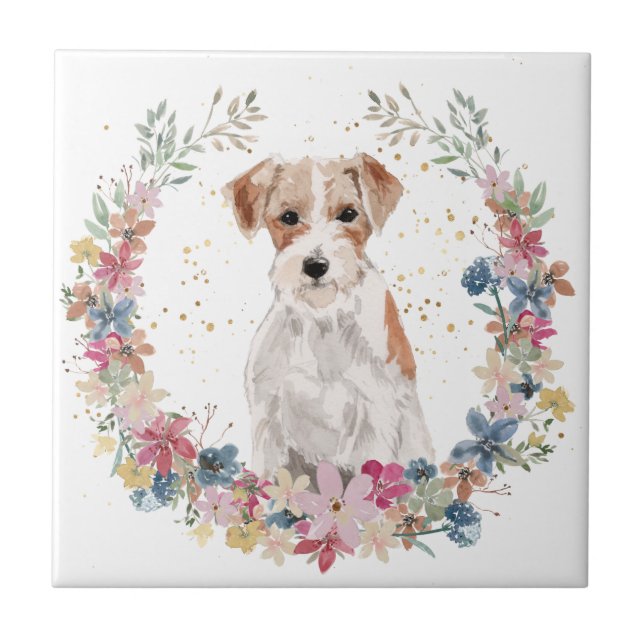 Jack Russell Terrier Spring Flowers Wreath Fliese (Vorderseite)