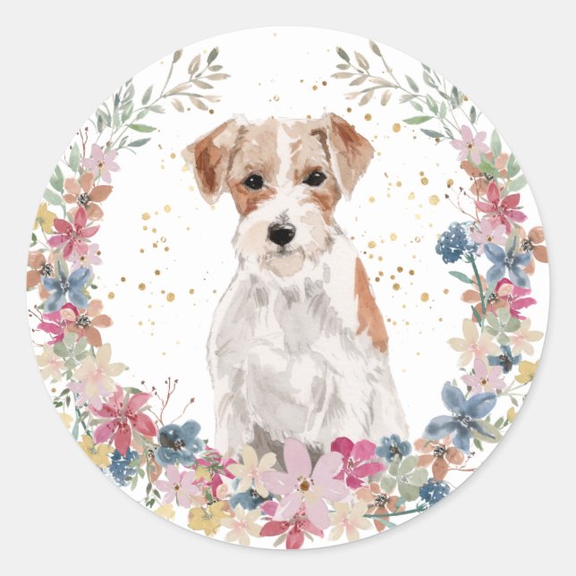 Jack Russell Terrier Spring Flowers Wreath Runder Aufkleber (Vorderseite)