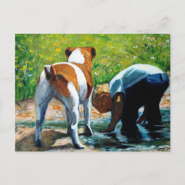JACK RUSSELL TERRIER UND Junge: KUNST Postkarte (Vorderseite)