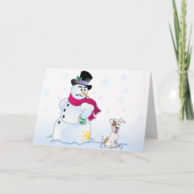 Jack-Russell Terrier und Snowman Feiertagskarte (Vorderseite)