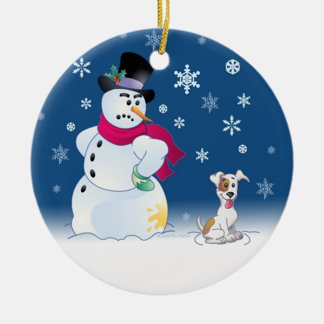 Jack-Russell Terrier und Snowman Keramikornament (Vorne)