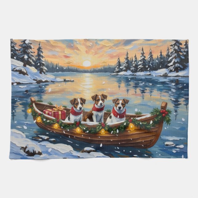 Jack Russell Terrier Weihnachtsboot Feiertage Geschirrtuch (Horizontal)