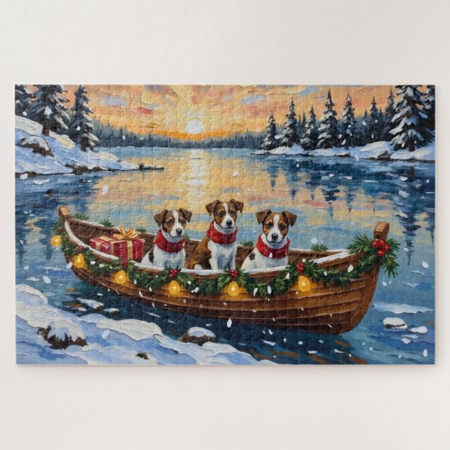 Jack Russell Terrier Weihnachtsboot Urlaub Puzzle (Horizontal)