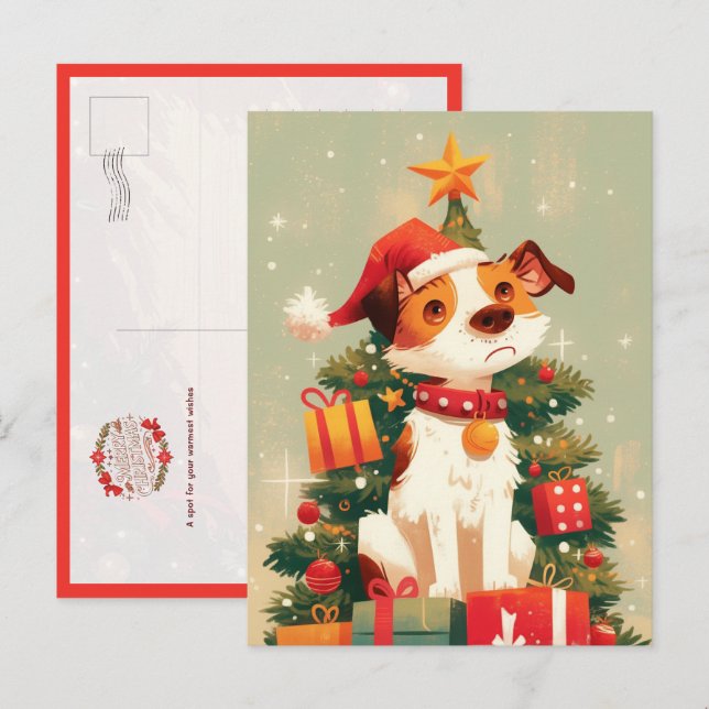 Jack Russell Terrier with Christmas Tree and Gifts Postkarte (Vorne/Hinten)