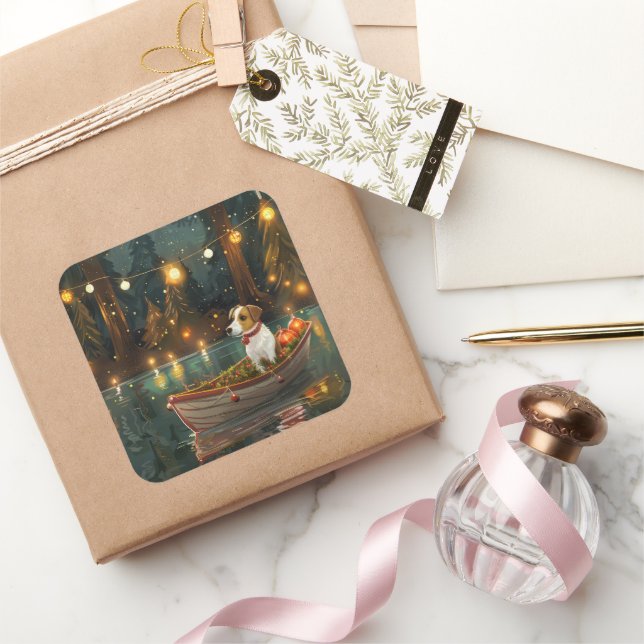 Jack Russell Weihnachtsreise Quadratischer Aufkleber (Schenken)