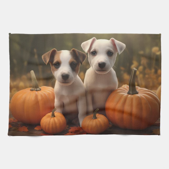 Jack Russell Welpe Autumn Delight Pumpkin Geschirrtuch (Horizontal)