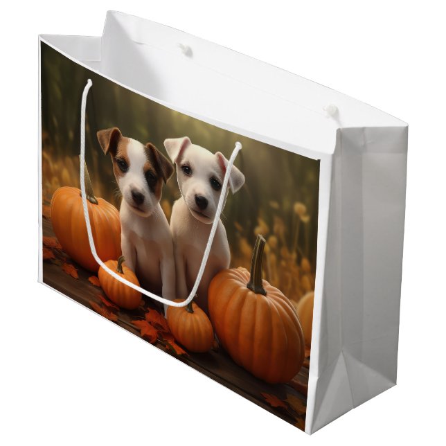 Jack Russell Welpe Autumn Delight Pumpkin Große Geschenktüte (Vorderseite Schrägansicht)