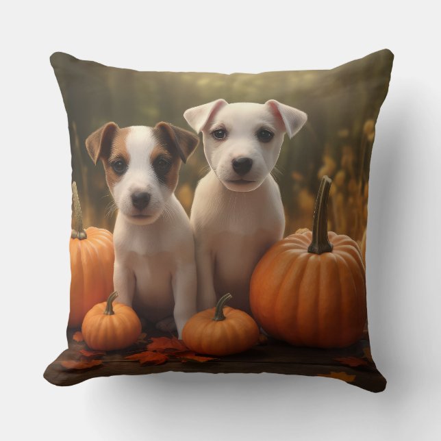 Jack Russell Welpe Autumn Delight Pumpkin Kissen (Vorderseite)