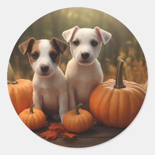 Jack Russell Welpe Autumn Delight Pumpkin Runder Aufkleber (Vorderseite)