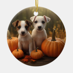 Jack Russell Welpe Herbstfreude Kürbis  Keramik Ornament