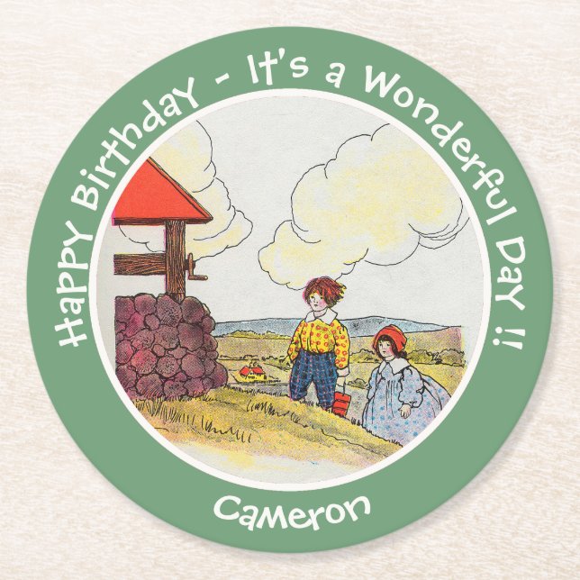 Jack und Jill Mother Goose Geburtstagsartikel Runder Pappuntersetzer (Vorderseite)