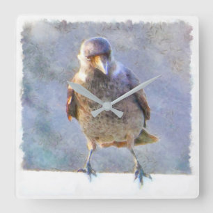 Jackdaw Watercolor Quadratische Wanduhr