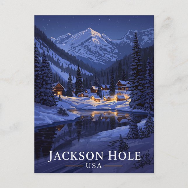 Jackson Hole Winter Night Snowy Postkarte (Vorderseite)