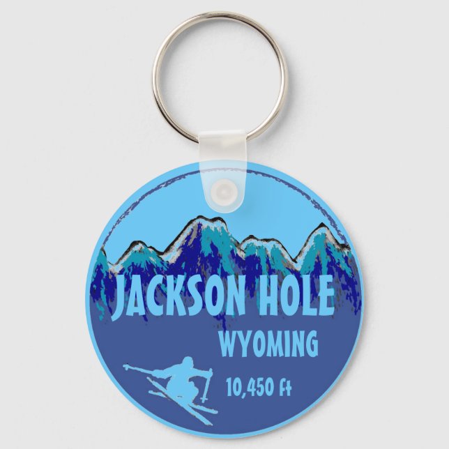 Jackson Hole Wyoming blue ski art keychain Schlüsselanhänger (Vorderseite)