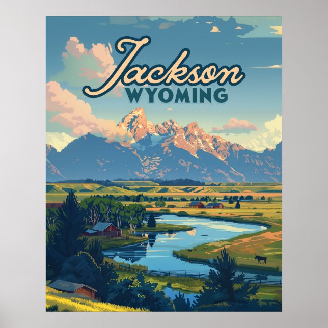 Jackson Hole Wyoming Ranch Tetons Mountains Retro Poster (Vorne)