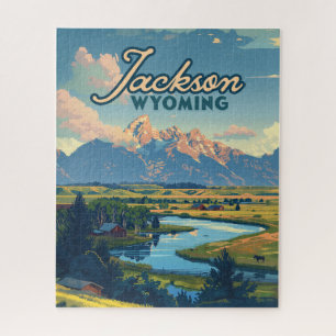 Jackson Hole Wyoming Ranch Tetons Mountains Retro Puzzle